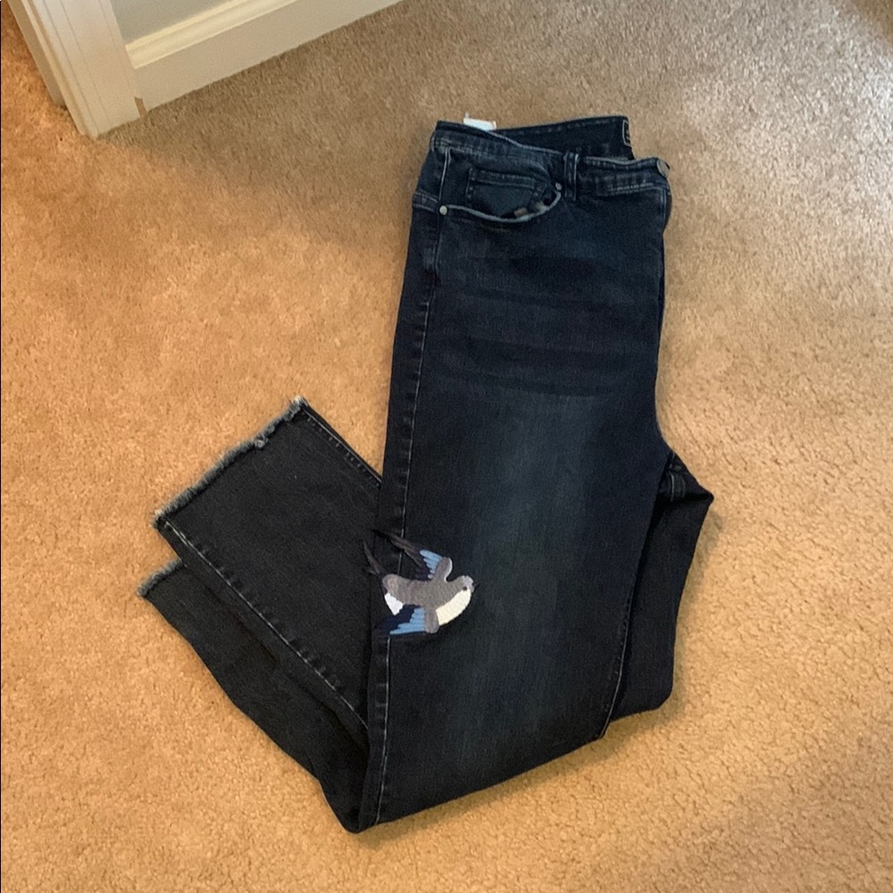 Women's Black Jeans with Bird Embroidery